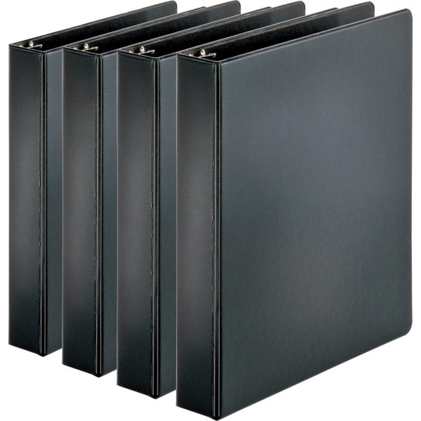 Business Source Basic Round Ring Binders - 1 1 2  Binder Capacity - Letter - 8 1 2  x 11  Sheet Size - 350 Sheet Capacity - 3 x Round Ring Fastener(s) - Internal Pocket(s) - Chipboard, Polypropylene - Black - Exposed Rivet, Sturdy - 4   Bundle Supply