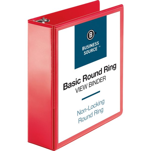 Business Source Round Ring Binder - 3  Binder Capacity - Round Ring Fastener(s) - 2 Internal Pocket(s) - Red - Clear Overlay, Labeling Area - 1 Each For Discount