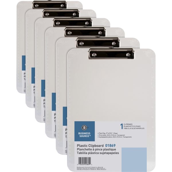 Business Source Flat Clip Clipboard - 9  x 12  - Plastic - Clear - 6   Bundle For Cheap