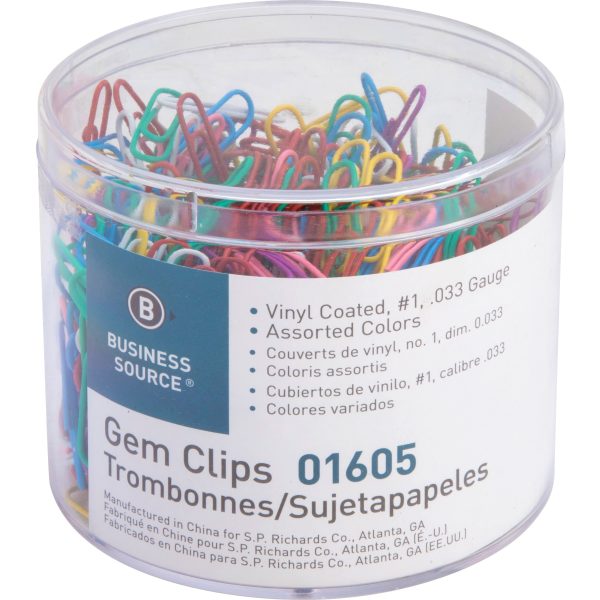 Business Source Vinyl-coated Gem Clips - Small - No. 1 - 1.8  Length x 0.5  Width - for Paper - Rust Resistant - 500   Box - Assorted Sale
