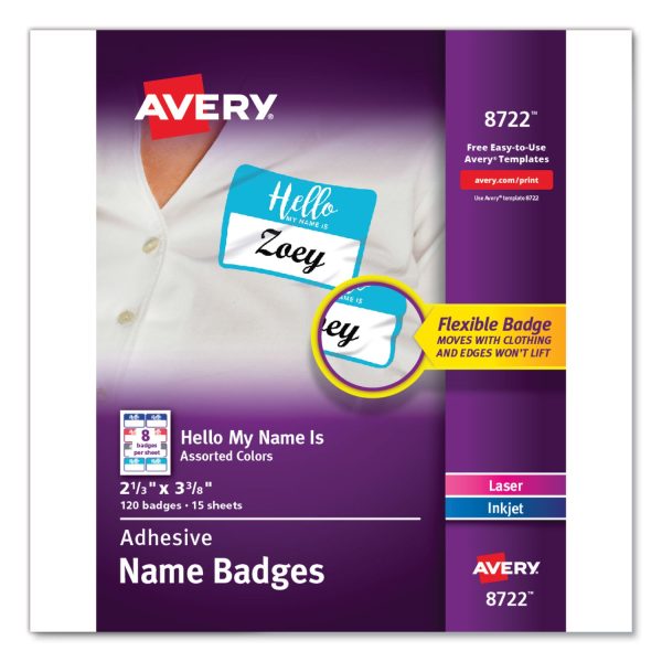 Flexible Adhesive Name Badge Labels,  Hello , 3 3 8 x 2 1 3, Assorted, 120 PK Discount
